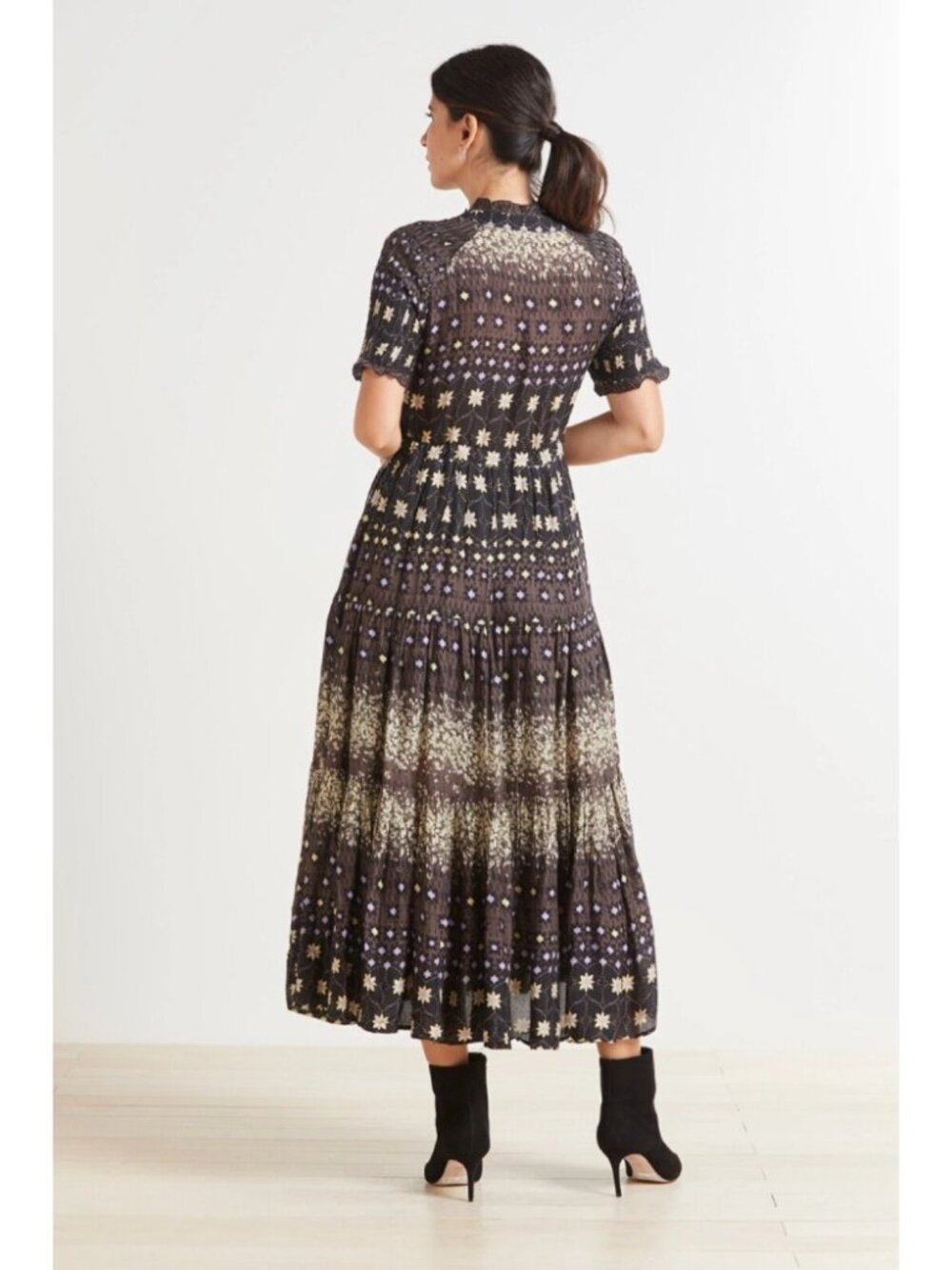 Free People Rare Feelings Black Floral Fringe Tie Ruffled Maxi Dress Boho Size L - Picture 2 of 13